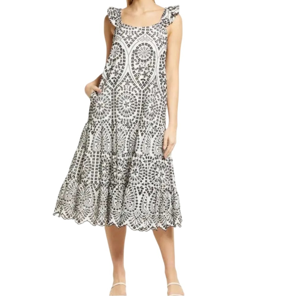 BTFL-LIFE Embroidered Eyelet 100% Cotton Aline Midi Dress Size Medium NWT